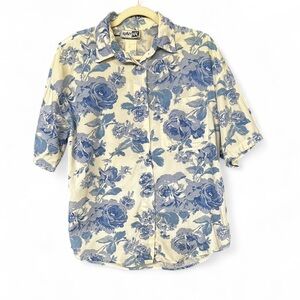 Vintage Krazy Kat Blue Floral Rose Button Up Shirt Medium 90s Cottagecore